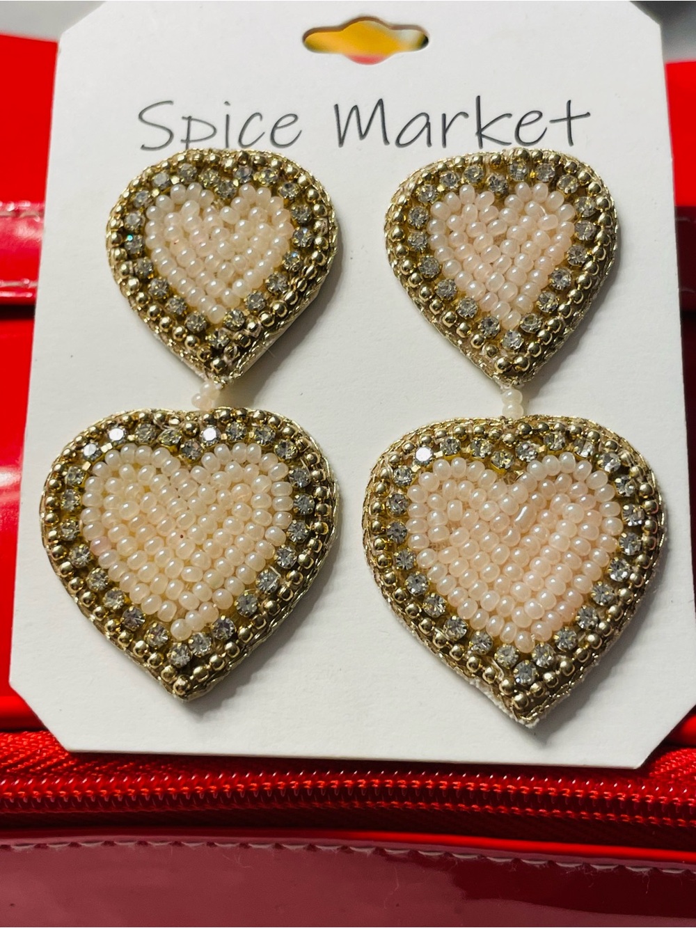 Pink Beaded Crystal Heart Drop Earrings - Gold Accent